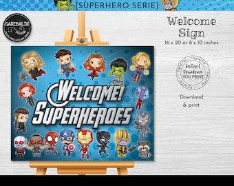 Letrero de bienvenida de superhéroe imprimible Letrero de fiesta de cumpleaños de superhéroe Decoraciones para fiesta de superhéroe Descarga instantánea Letrero de bienvenida de superhéroe SHAV