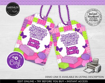 Editable Building Blocks Favor Tags Building Blocks Gift Tag Building Blocks Thank You Tags Girl Building Block Birthday Party Decor BKG