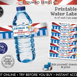 Editable Dumbo Water Bottle Labels Printable Dumbo Circus Water Labels Instant Download Dumbo Baby Shower Labels Baby Dumbo Water Label DCHM