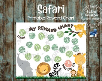 Tabla de recompensas imprimible, tabla de recompensas de safari, tabla de entrenamiento para ir al baño de safari, tabla de comportamiento de safari, tabla de recompensas DIY, tabla de recompensas de animales de safari