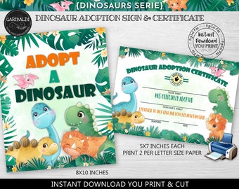 Adopt a Dinosaur Sign & Certificate Dinosaur Adoption Party Instant Download Dinosaur Birthday Party Supplies Dinosaur Adoption DW1