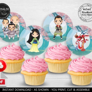 Mulan Cupcake Toppers Printable Mulan Labels Birthday Party Supplies Chinese Princess Decorations Favor Tags Stickers Instant Download DML