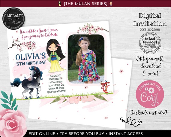 Editable Mulan Invitation Printable Mulan Birthday Photo | Etsy