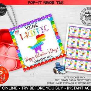 Puede incluir: Etiquetas imprimibles para el Día de San Valentín con un dinosaurio pop-it arcoíris con el texto "You are T-riffic! Happy Valentine's Day! Your friend, Noah".