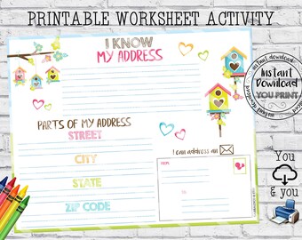 May include: Printable worksheet activity with the text "I Know My Address". The worksheet includes sections for street, city, state, and zip code. Decorative elements include birdhouses, hearts, and the words "Instant Download YOU PRINT".