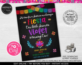 May include: A colorful printable invitation for a first birthday party with a fiesta theme. The invitation features a chalkboard background with colorful flowers, a rainbow of paper flags, and the text "No time for a siesta we are having a Fiesta. Our little Señorita Violet is turning one!" The invitation also includes the date, time, and location of the party.