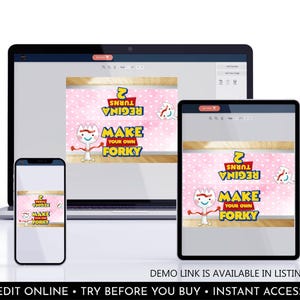 Puede incluir: Una plantilla digital de art&iacute;culos para fiestas mostrada en la pantalla de una computadora port&aacute;til, una tableta y un tel&eacute;fono inteligente. El dise&ntilde;o presenta un fondo rosa con lunares y el texto "REGINA TURNS 2" y "MAKE YOUR OWN FORKY".