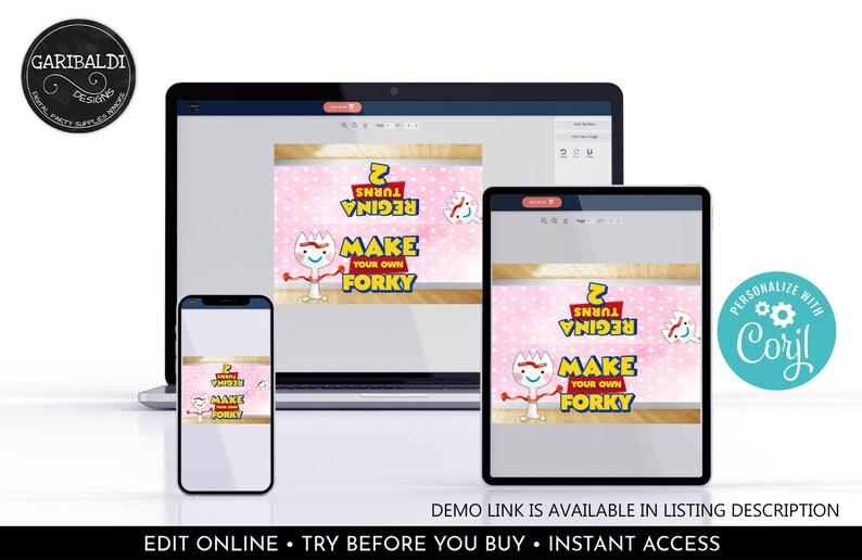 Puede incluir: Una plantilla digital de art&iacute;culos para fiestas mostrada en la pantalla de una computadora port&aacute;til, una tableta y un tel&eacute;fono inteligente. El dise&ntilde;o presenta un fondo rosa con lunares y el texto "REGINA TURNS 2" y "MAKE YOUR OWN FORKY".