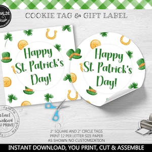 Instant Download Happy St. Patrick's Day Cookie Tag, Green Shamrock Good Luck Clover Printable Tag, Happy St. Patrick's Day Favor Tag, SPT