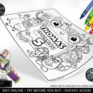 May include: A black and white printable colouring page featuring Toy Story characters and the text 'THOMAS IS TURNING 5'. The sheet includes illustrations of Woody, Buzz Lightyear, Mr. Potato Head, and other figures, accompanied by four colourful crayons.
