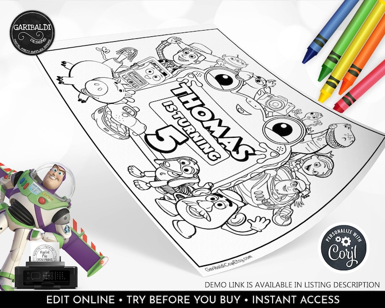 May include: A black and white printable colouring page featuring Toy Story characters and the text 'THOMAS IS TURNING 5'. The sheet includes illustrations of Woody, Buzz Lightyear, Mr. Potato Head, and other figures, accompanied by four colourful crayons.