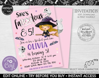 Puede incluir: Invitación a una fiesta de Halloween rosa y morada con una bruja de dibujos animados en una escoba. El texto dice "She's Fabulous & 5!" y "Olivia is turning 5!" con detalles para la fiesta.