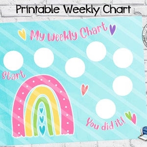 Puede incluir: Tabla semanal imprimible con un diseño de arcoíris. La tabla tiene siete círculos en blanco para rellenar con pegatinas o marcadores. El texto "Mi tabla semanal" y "¡Lo hiciste!" está incluido.