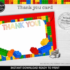 Printable Building Blocks Thank you card, Building Blocks Birthday Party Thank you Card, Building Blocks DIY Thank you card BKBC