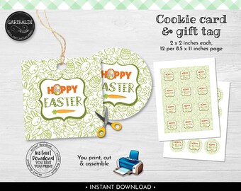 May include: Printable Easter cookie card and gift tag design featuring a green and white pattern with the text "Hoppy Easter". The design includes 12 individual cards and tags, each measuring 2 inches by 2 inches, printed on an 8.5 inch by 11 inch page.