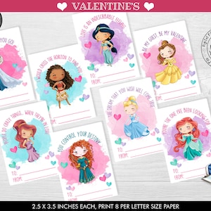 Printable Princess Valentine Cards Kids Valentine Cards School Valentine Cards Class Valentine's Day Cards Princess Valentine Favor Tags VL