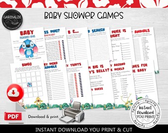 Instant Download Hawaiian Stitch Baby Shower Games Baby Bingo The Price is Right Guess Who ABC Word Search  Wishes Baby Animals Traits LSW