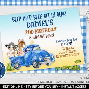Editable Blue Truck Birthday Invitation Farm Truck Birthday Invitation Farm Animals Birthday Party Invitation Petting Zoo Invitation LBT