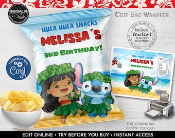 Editable Luau Chip Bag Wrapper Hawaiian Chip Bag Template Instant Download Luau Birthday Party Supplies Printable Hawaiian Favor Snacks LSW