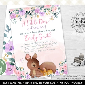 Editable Little Deer Baby Shower Invitation, Pink Floral Baby Shower Invite, Woodland Deer Baby Shower Invite, Forest Baby Deer Invite BDP