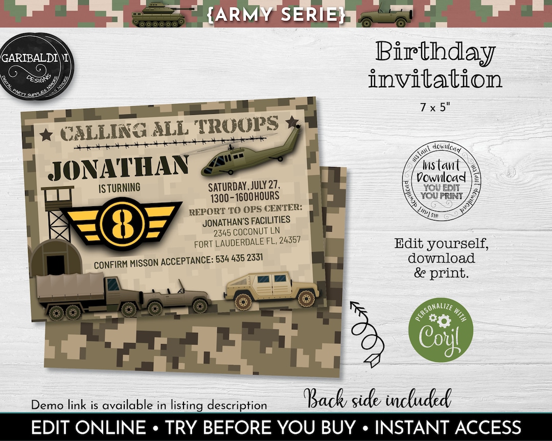Editable Army Birthday Party Invitation Instant Download Solider ...