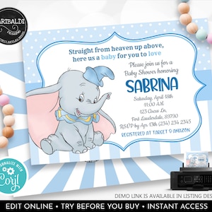 Dumbo Baby Shower Invitation Editable Blue Elephant Party Invitation Blue Dumbo Baby Boy Invite Digital Download Corjl Template GDB