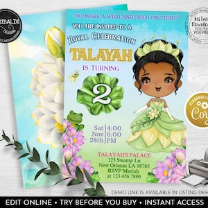 Editable Princess and the Frog Birthday Invitation Princess Tiana Party Invite Download Printable Prince Frog Digital Corjl Template 1 PF