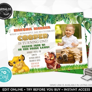 Editable Lion King Invitation Safari Boy First Birthday Party Lion Jungle Animals Photo Invite Printable Digital Download Template DLK