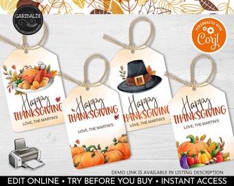 Editable Thanksgiving Favor Tags, Happy Thanksgiving Gift Tags, Printable Thanksgiving Labels, Printable Fall Autumn Party Tags TF