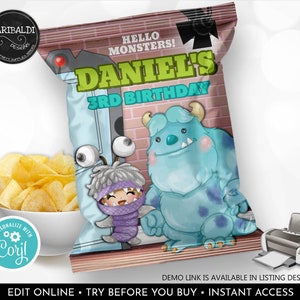 Editable Monsters Chip bag Printable Monsters Chip Bags Little Monsters Chip bags Monsters Party Supplies Monsters Party Snack Favors MINC