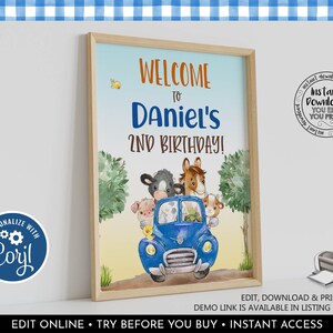 Editable Blue Truck Welcome Sign, Printable Farm Animals Birthday Party Sign, Boy Barnyard Animals Welcome Sign, Farm Baby Shower Sign 2 LBT