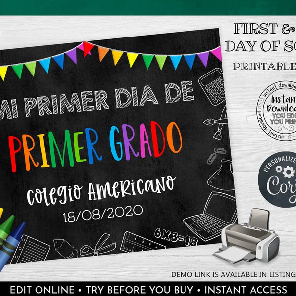 Editable Primer día de escuela, Editable First Day of School Photo Prop First Day of School Board First Day of School Chalkboard Sign BKS