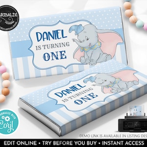 Editable Dumbo Candy Bar Wrapper Blue Elephant Baby Shower Chocolate Bar Label Party Decor Digital Download Printable Corjl Template GDB