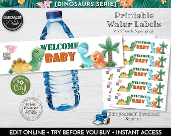 May include: Printable water bottle labels featuring a dinosaur theme. The labels are 8 inches by 2 inches and have a green, blue, and orange color scheme. The text on the labels reads "Welcome Baby".