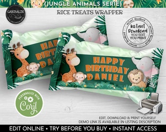 Instant Download Rice Treat Wrappers Printable Jungle Safari Birthday Party Supplies Party Animals Favor Snacks Safari Party Decorations SJA
