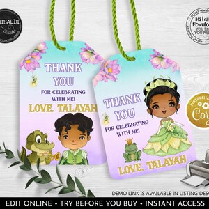Editable Princess and the Frog Favor Tags Princess Tiana Gift Tags Birthday Party Decorations Digital Download Printable Template Corjl PF