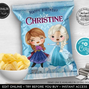 May include: A blue and white chip bag with a Frozen theme. The bag features illustrations of Anna and Elsa from the movie Frozen. The bag is personalized with the name "Christine" and the text "Happy Birthday".