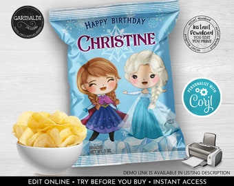 Frozen Chip Bag Wrapper Editable Snow Queen Potato Chip Bag Template Instant download Printable Winter Princess Birthday Party Favors FRZ