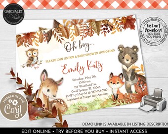 May include: A baby shower invitation with a woodland theme. The invitation features a brown bear, a fox, a deer, and an owl surrounded by autumn leaves. The text on the invitation reads "Oh boy" and "Please join us for a baby shower honouring Emily Katz".