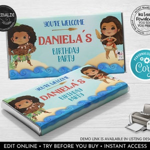 May include: Two printable chocolate bar wrappers featuring a cartoon character with a blue background and the text "You're Welcome Daniela's Birthday Party".