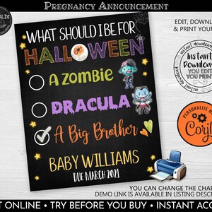 Editable Halloween Pregnancy Announcement Sign Pregnancy Checklist Big ...