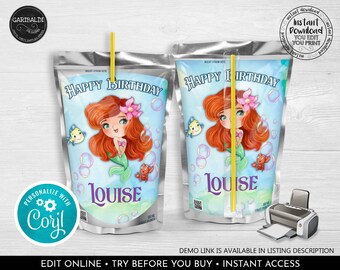 May include: A printable juice box label featuring a mermaid with red hair and a purple tail. The label has a blue background with white bubbles and the text "Happy Birthday Louise".