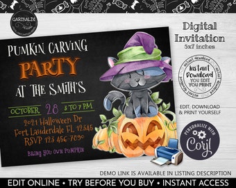 Editable Pumpkin Carving Invitation Printable Halloween Party Invitation Instant Download Jack O' Lantern Invite Fall Party Template 2 HW