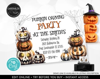 Editable Pumpkin Carving Party Invitation Halloween Party Invite Jack O' Lantern Fall Printable Digital Download Invitation Template 6 HW