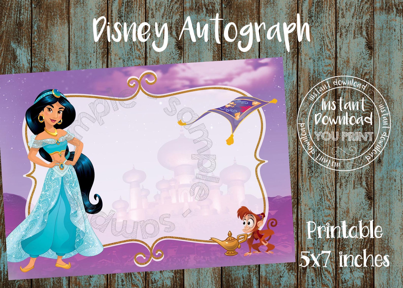 Printable Princess Jasmine Autograph card Disney World Etsy
