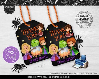 Könnte beinhalten: Zwei schwarz-weiße druckbare Dankeschön-Etiketten mit Halloween-Motiv. Die Etiketten zeigen einen Kessel, Hexen und Sterne. Der Text auf den Etiketten lautet "Danke!" und "Emily Smith".