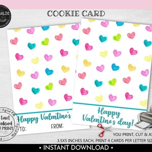 Valentine&#39;s Day Cookie Card, Happy Valentine&#39;s Day Cookie Card, Instant download 3.5&quot;x5&quot; Cookie Card, Printable Hearts Mini Cookie Card VL