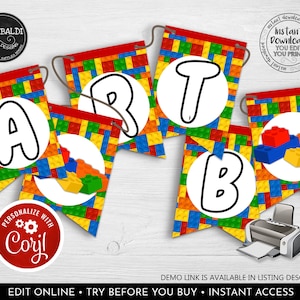 Editable Building Blocks Pennant Banner Printable Building Blocks Birthday Party Banner Decorations Building Blocks Party Supplies BKBC