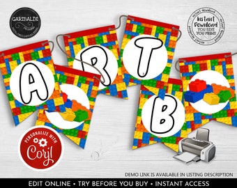 May include: A printable banner with a Lego theme. The banner has the letters A, R, T, B, and O in white on a circle background. The letters are surrounded by a colorful Lego brick pattern. The banner is designed to be personalized with the name "Coryl".