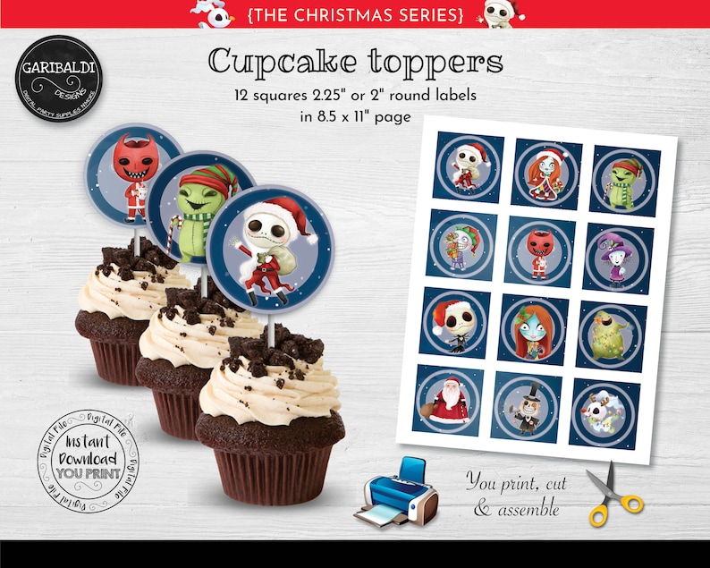 May include: Twelve printable cupcake toppers featuring characters from The Nightmare Before Christmas. The toppers are 2.25 inches square or 2 inches round and are printed on an 8.5 by 11 inch page. The characters include Jack Skellington, Sally, Oogie Boogie, and Santa Claus.